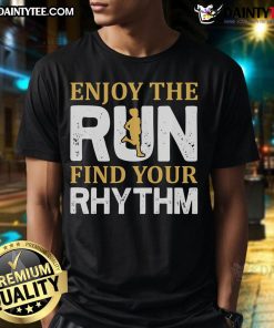 Runner wearing 'Enjoy The Run' jogging T-shirt, embracing the runner life and finding their rhythm on a sunny trail.