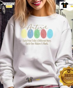 Good Fingerprint Autism sweatshirt featuring unique fingerprint designs, each representing a different story of autism.