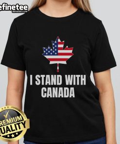 Good I Stand With Canada & America tee featuring Canadian and USA flags, perfect for patriotic ladies' fashion.