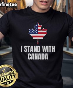 Alt Text: Good I Stand With Canada America t-shirt featuring Canadian and USA flags, perfect for patriotic celebrations.