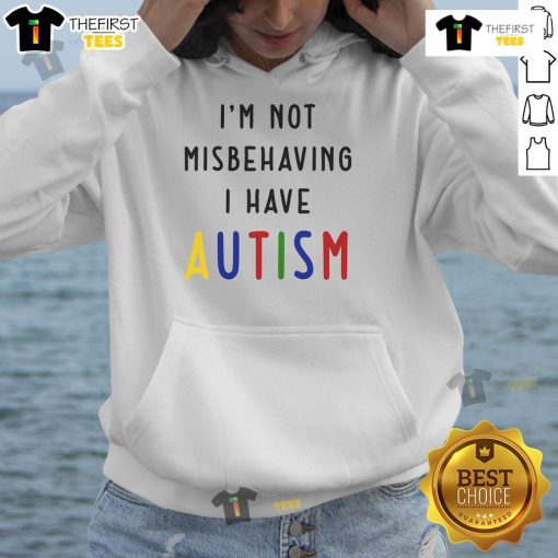 Good I'm Not Misbehaving, I Have Autism hoodie displayed on a hanger, promoting autism awareness and acceptance.