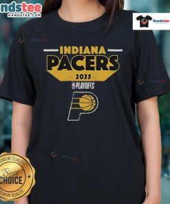 Alt Text: Good Indiana Pacers 2025 Playoff Participant Master Ladies Tee showcasing vibrant team colors and logo.