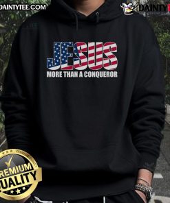 Good Jesus More Than a Conqueror premium hoodie featuring inspirational design, perfect for faith-based fashion enthusiasts.