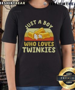 Retro vintage ladies tee featuring 'Good Just A Boy Who Loves Twinkies' slogan, perfect for snack lovers and retro fashion.