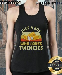 Retro vintage tank top featuring the phrase 'Just a Boy Who Loves Twinkies' for nostalgic snack lovers.