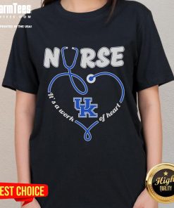 Alt Text: Good Kentucky Wildcats Nurse It's A Work of Heart Ladies Tee showcasing team spirit and nursing pride in vibrant design.