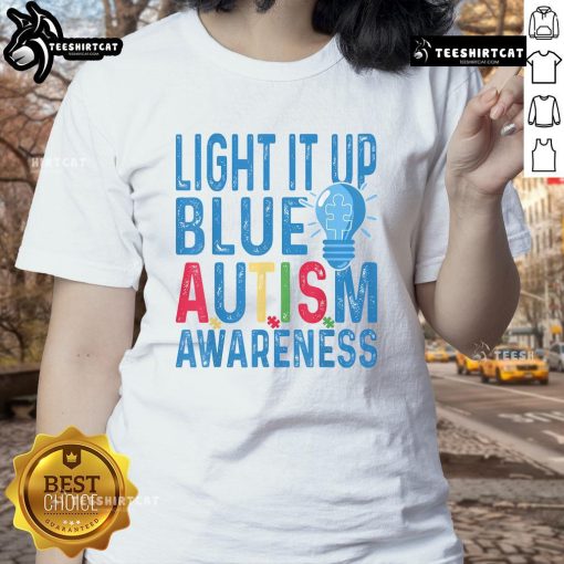 Good Light It Up Blue Autism Awareness Ladies Tee featuring a vibrant blue design promoting autism awareness.