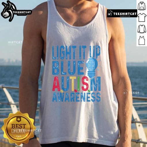 Good Light It Up Blue Autism Awareness Tank Top in vibrant blue, promoting autism awareness and support for the community.