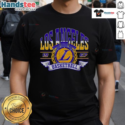 Vintage 1967 Los Angeles basketball T-shirt featuring retro graphics and classic design for sports enthusiasts.