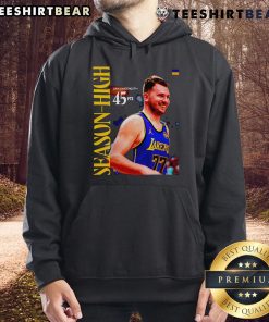 Luka Doncic wearing a hoodie celebrating his 45-point season high for the Los Angeles Lakers in NBA 2025.