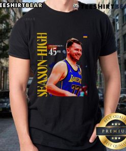Good Los Angeles Lakers Luka Doncic 45 Season High NBA 2025 T-Shirt featuring vibrant team colors and player graphics.