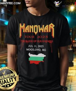 Alt Text: Good Manowar The Blood Of Our Enemies 2025 T-Shirt featuring bold graphics and iconic band logo in black and red.