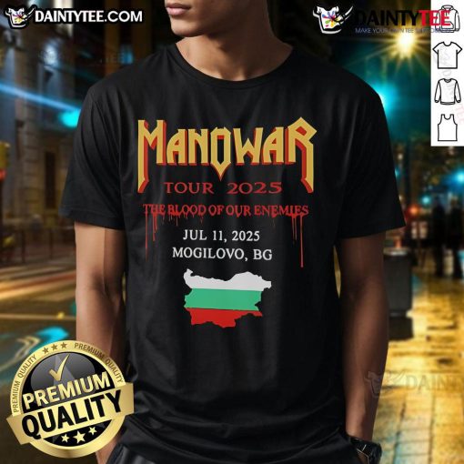 Alt Text: Good Manowar The Blood Of Our Enemies 2025 T-Shirt featuring bold graphics and iconic band logo in black and red.