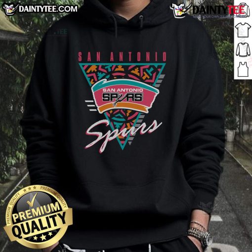 Alt Text: Good Mitchell & Ness black San Antonio Spurs Worldwide Collection tri-logo hoodie featuring iconic team logos.