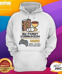 Good My 1st First Communion 2025 hoodie featuring a video game controller design for gamers celebrating their special day.