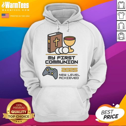Good My 1st First Communion 2025 hoodie featuring a video game controller design for gamers celebrating their special day.