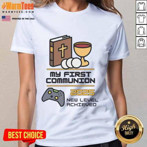 Good My 1st First Communion 2025 video game controller ladies tee with playful design, perfect for gamers celebrating milestones.