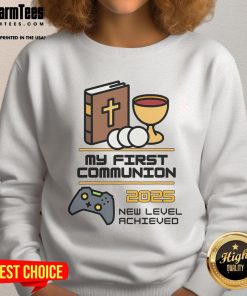 Good My 1st Communion 2025 sweatshirt featuring a gaming controller design for kids celebrating their special day.