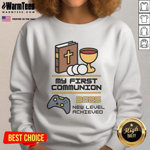 Good My 1st Communion 2025 sweatshirt featuring a gaming controller design for kids celebrating their special day.