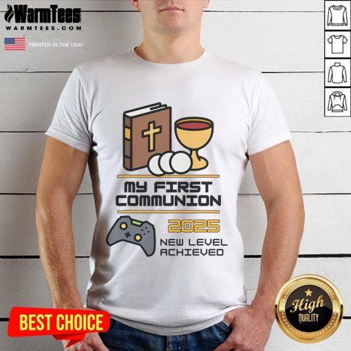 Good My 1St First Communion 2025 Controller Video Game T-Shirt featuring a colorful game controller design for kids.