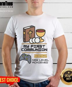 Good My 1St First Communion 2025 Controller Video Game T-Shirt featuring a colorful game controller design for kids.