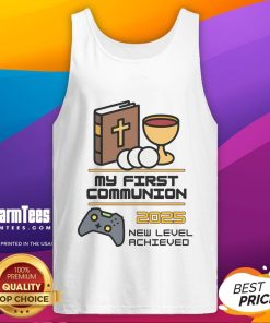 Good My 1st First Communion 2025 tank top featuring a video game controller design for kids.