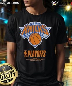 Good New York Knicks Fanaticity 2025 NBA Playoffs Alley Oop T-Shirt featuring vibrant team colors and bold graphics.