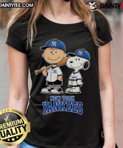 Good New York Yankees Charlie Brown and Snoopy baseball cartoon fan ladies tee featuring playful graphics and vibrant colors.