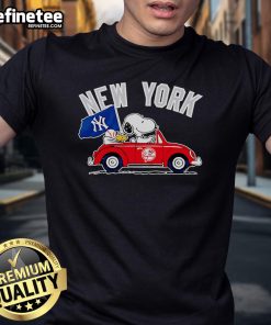 Alt Text: Good New York Yankees Snoopy Go By Car T-Shirt featuring Snoopy driving in Yankees gear, perfect for baseball fans.