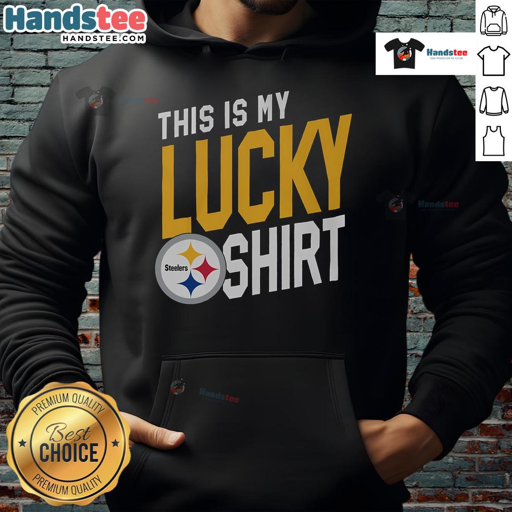 Good Pittsburgh Steelers This Is My Lucky Hoodie Alt Text: A fan wearing a 'Good Pittsburgh Steelers This Is My Lucky Hoodie' celebrates in the stands during a game.