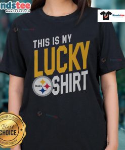Good Pittsburgh Steelers This Is My Lucky Ladies Tee in black with gold graphics, perfect for fans supporting their team.