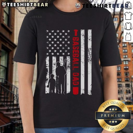 Good Proud Baseball Dad tee featuring American flag design, perfect for Father's Day gifts and sports enthusiasts.