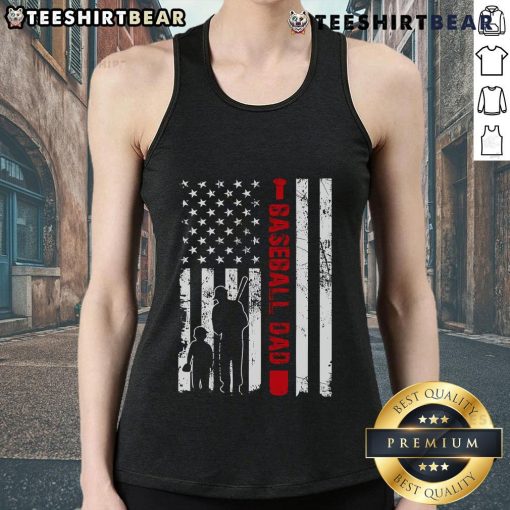 Good Proud Baseball Dad tank top featuring American flag design, perfect for Father's Day sports celebrations.