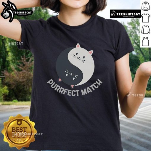 Cute kawaii art of cats themed 'Good Purrfect Match' on a stylish ladies tee, showcasing playful feline balance and charm.
