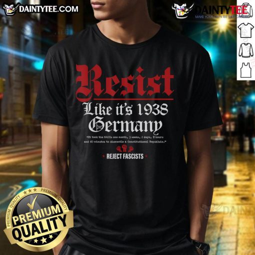 Good Resist Like It's 1938 Germany T-Shirt featuring bold text design for protest and awareness apparel.