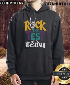 Good Rock The Test hoodie featuring a hand skeleton design, perfect for teachers and students on testing day.