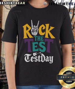 Good Rock The Test Testing Day shirt featuring a hand skeleton design, ideal for teachers and students.