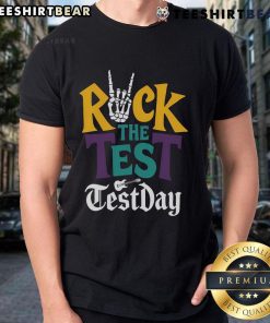 Good Rock The Test T-Shirt featuring a hand skeleton design for teachers and students on testing day.