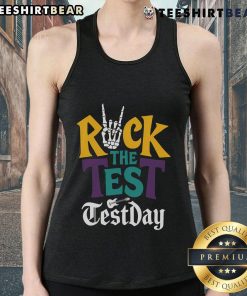 Teacher and student in 'Good Rock the Test' tank tops show hand skeletons on Testing Day, promoting fun learning.