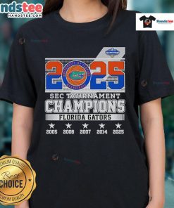 Alt Text: Florida Gators 2025 Ladies Tee celebrating Good SEC Tournament Champions with vibrant team colors and logo.