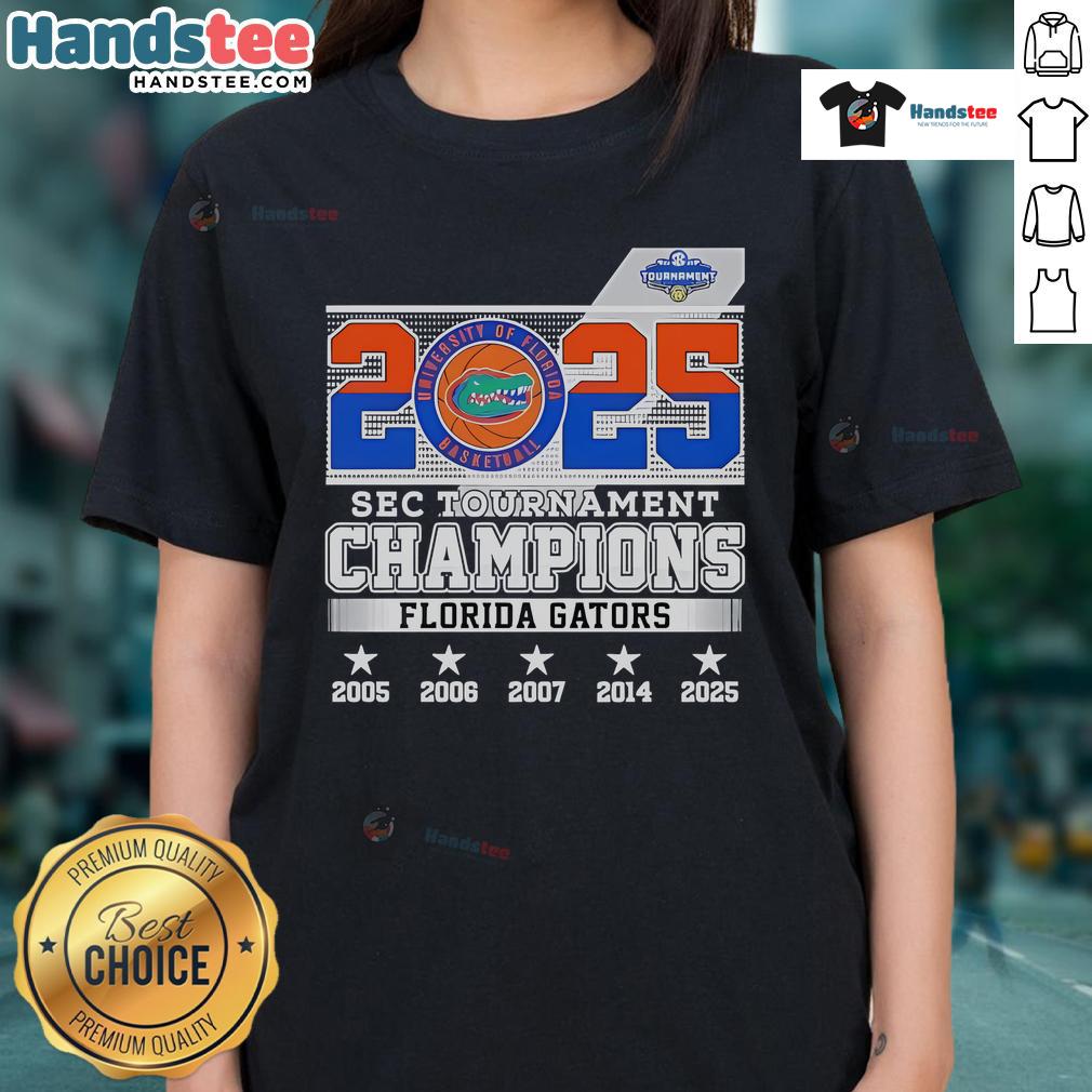 Good Sec Tournament Champions Florida Gators 2025 Ladies Tee Alt Text: Florida Gators 2025 Ladies Tee celebrating Good SEC Tournament Champions with vibrant team colors and logo.