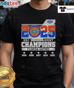 Alt Text: Florida Gators 2025 SEC Tournament Champions T-Shirt featuring team logo and celebratory design for fans.