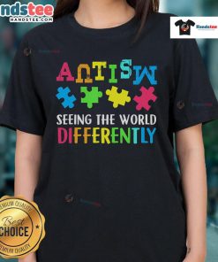 Good Seeing The World Differently Autism Awareness Month Ladies Tee in vibrant colors promoting autism acceptance and awareness.