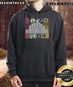 Alt Text: Boston skyline with sports team players wearing 'Good Skyline' hoodies, showcasing team spirit and city pride.