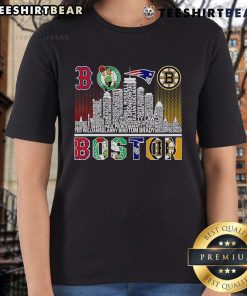 Boston skyline with sports team players' names on a stylish ladies tee for sports fans and fashion lovers.