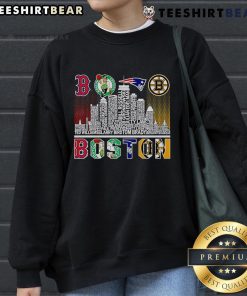Good Skyline Boston sports team players name sweatshirt featuring iconic city skyline and team logos.