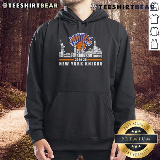 New York Knicks players name hoodie featuring skyline design for 2024-25 season. Perfect for fans and sportswear enthusiasts.