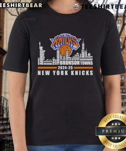 Alt Text: 2024-25 New York Knicks players names on a stylish ladies tee featuring a vibrant city skyline design.