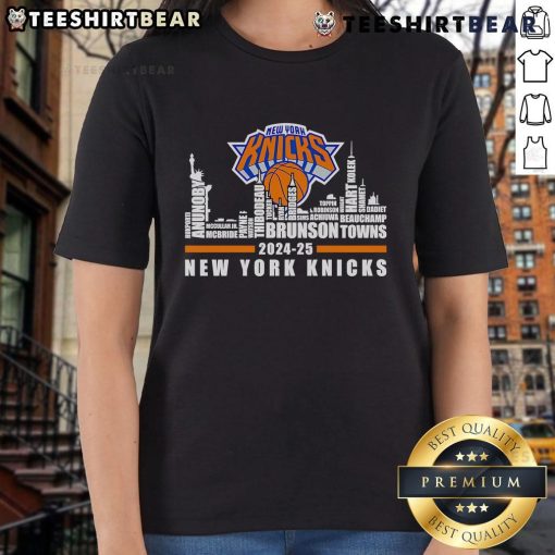 Alt Text: 2024-25 New York Knicks players names on a stylish ladies tee featuring a vibrant city skyline design.