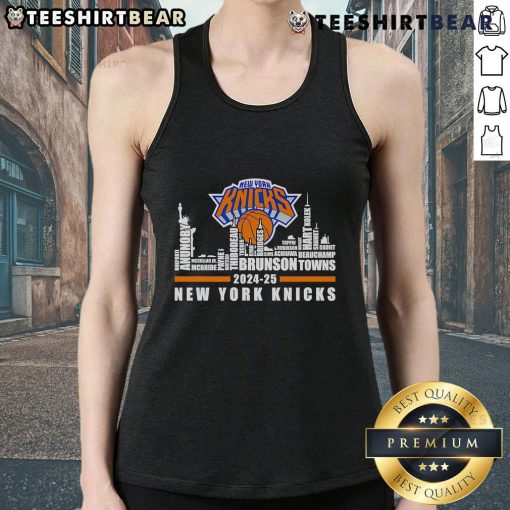 New York Knicks 2024-25 players tank top featuring skyline design, perfect for fans and sports apparel enthusiasts.